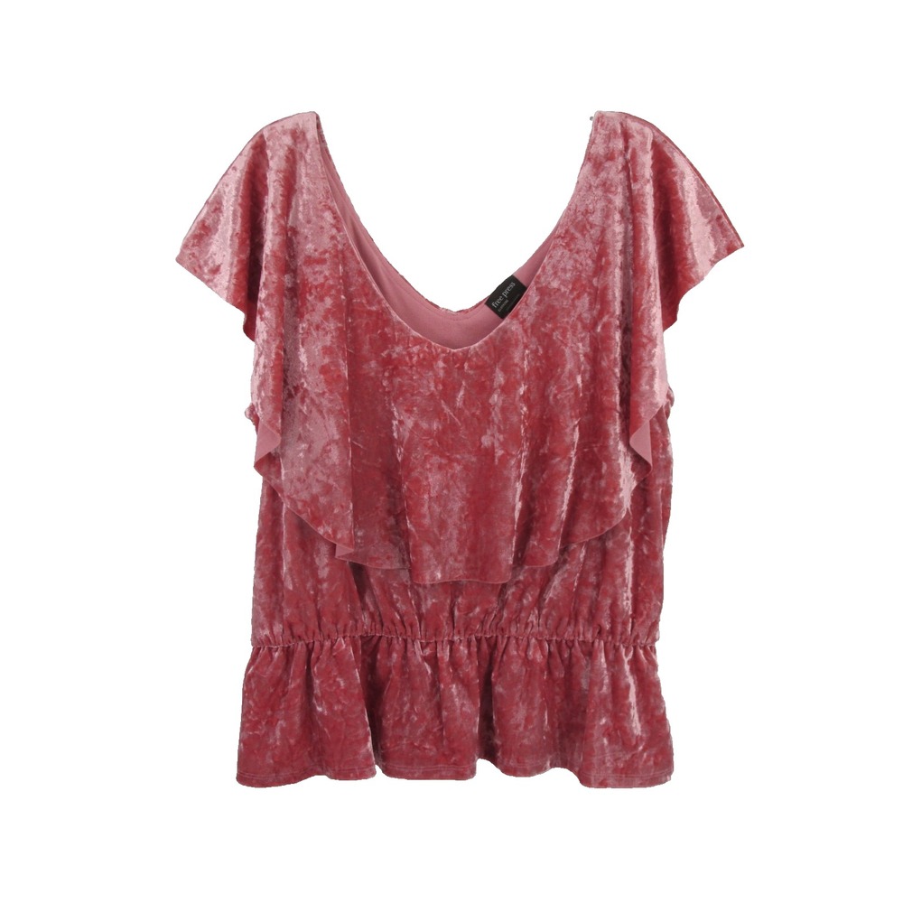 Free Press Babydoll Crush Velvet Blouse Pink Ruffle V-Neck Fairy Y2K Large